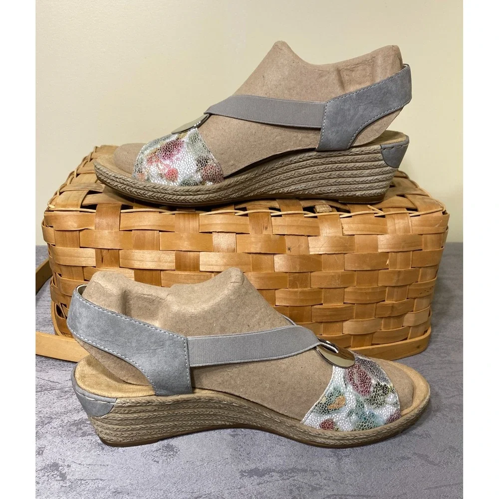 Rieker Antistress Floral Metallic Grey Wedge Espadrille Sandals 42 V8502-42
